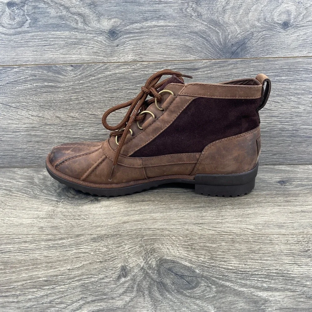 UGG Cecile Waterproof Duck Boots Womens 8 Brown Leather Suede Lace Up 1095156